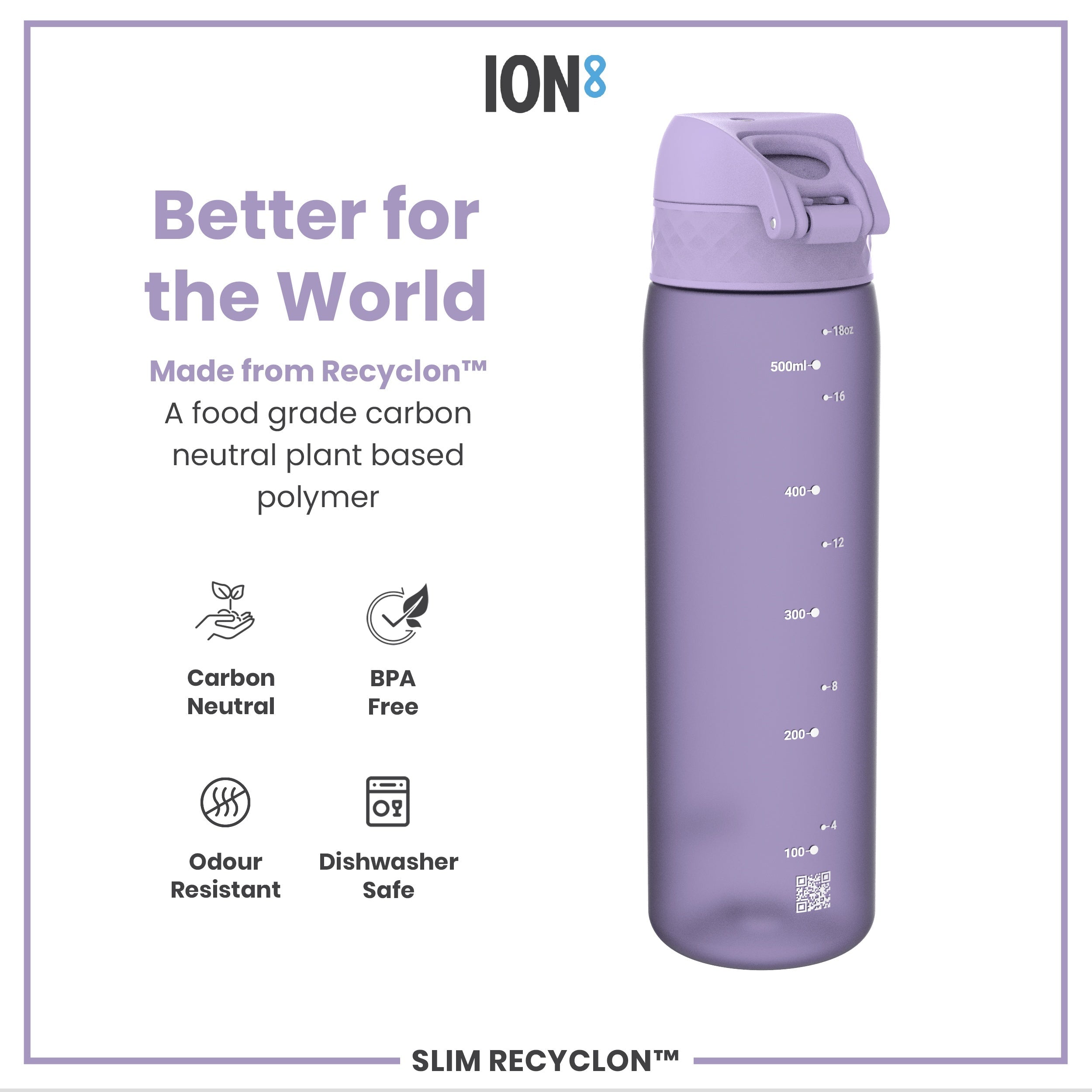 Leak Proof Slim Water Bottle, Recyclon, Light Purple, 500ml (18oz)