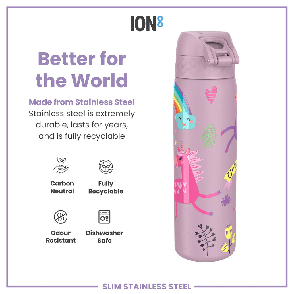 Leak Proof Slim Water Bottle, Stainless Steel, Unicorns, 600ml (20oz)