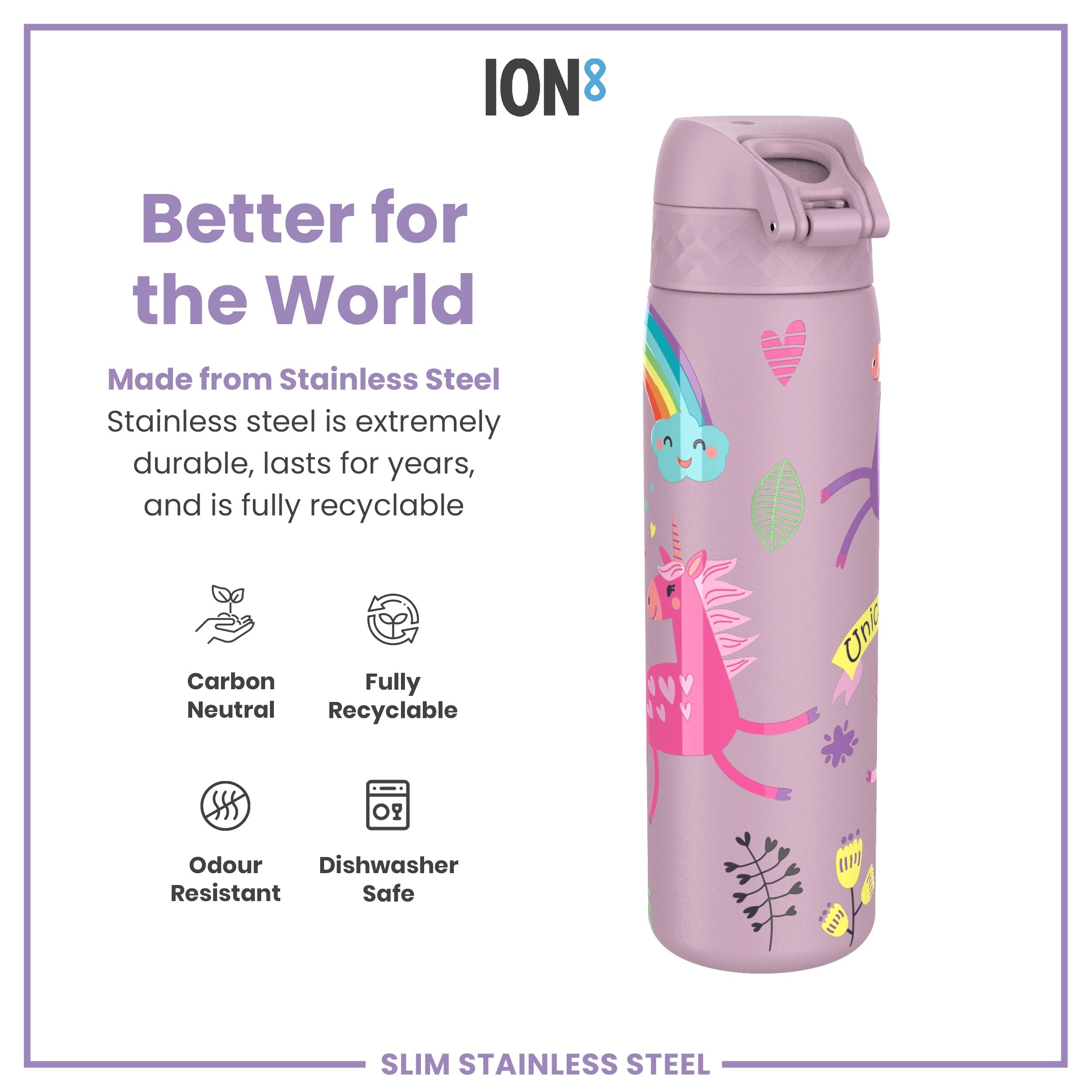 Leak Proof Slim Water Bottle, Stainless Steel, Unicorns, 600ml (20oz)