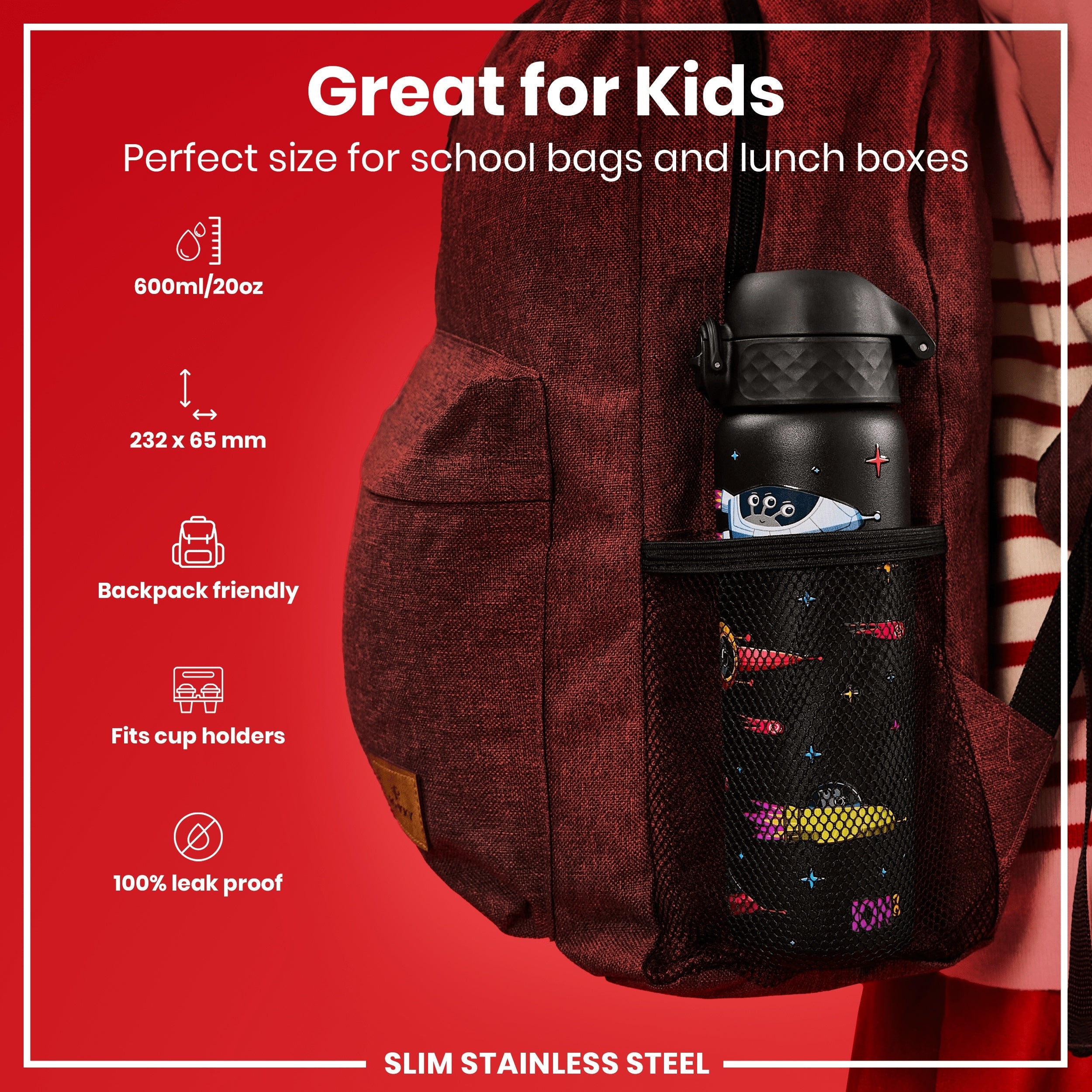 Leak Proof Slim Water Bottle, Stainless Steel, Spaceships, 600ml (20oz)