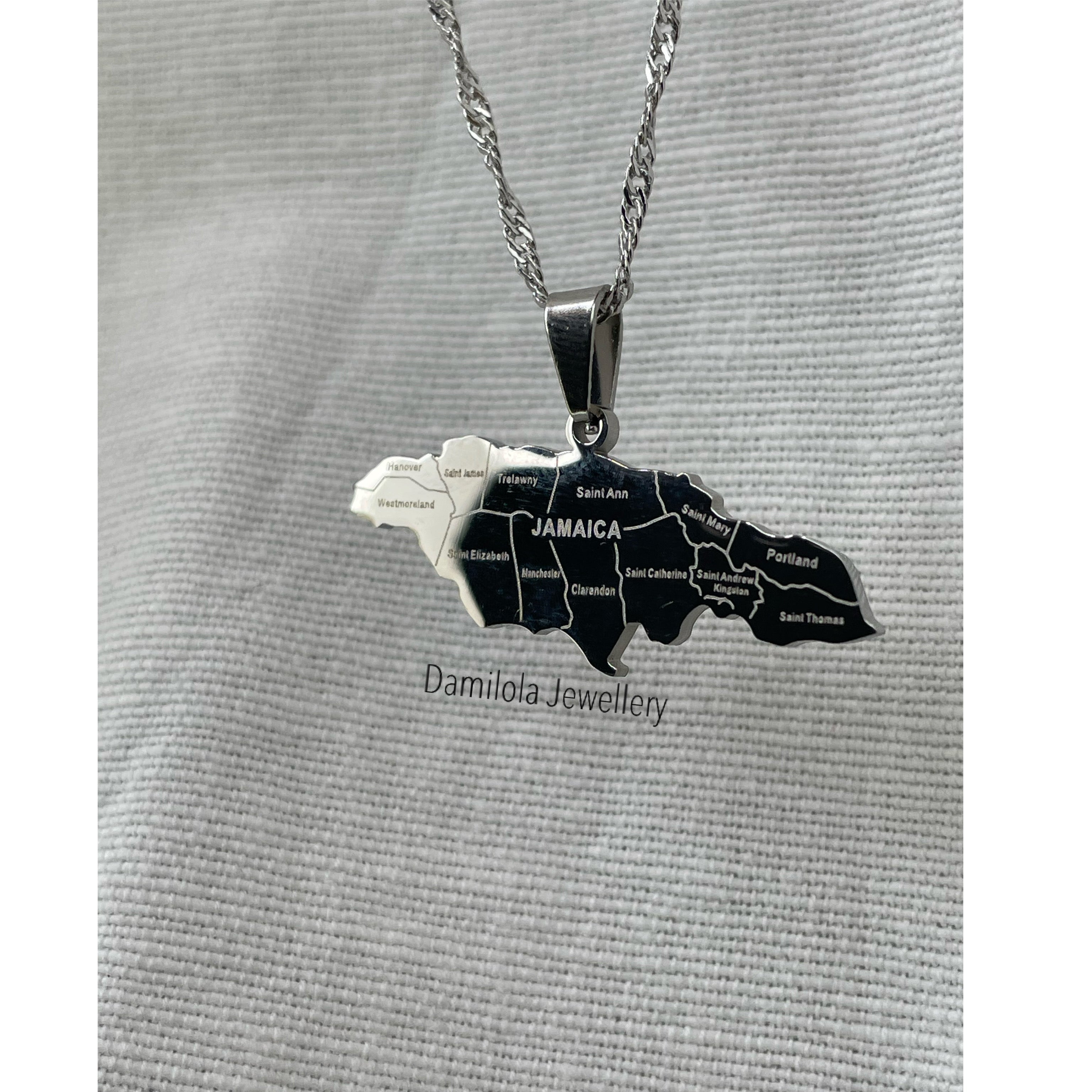 Jamaica 14 Parish Engraved Map Necklace 3.5cm - Gold/Silver