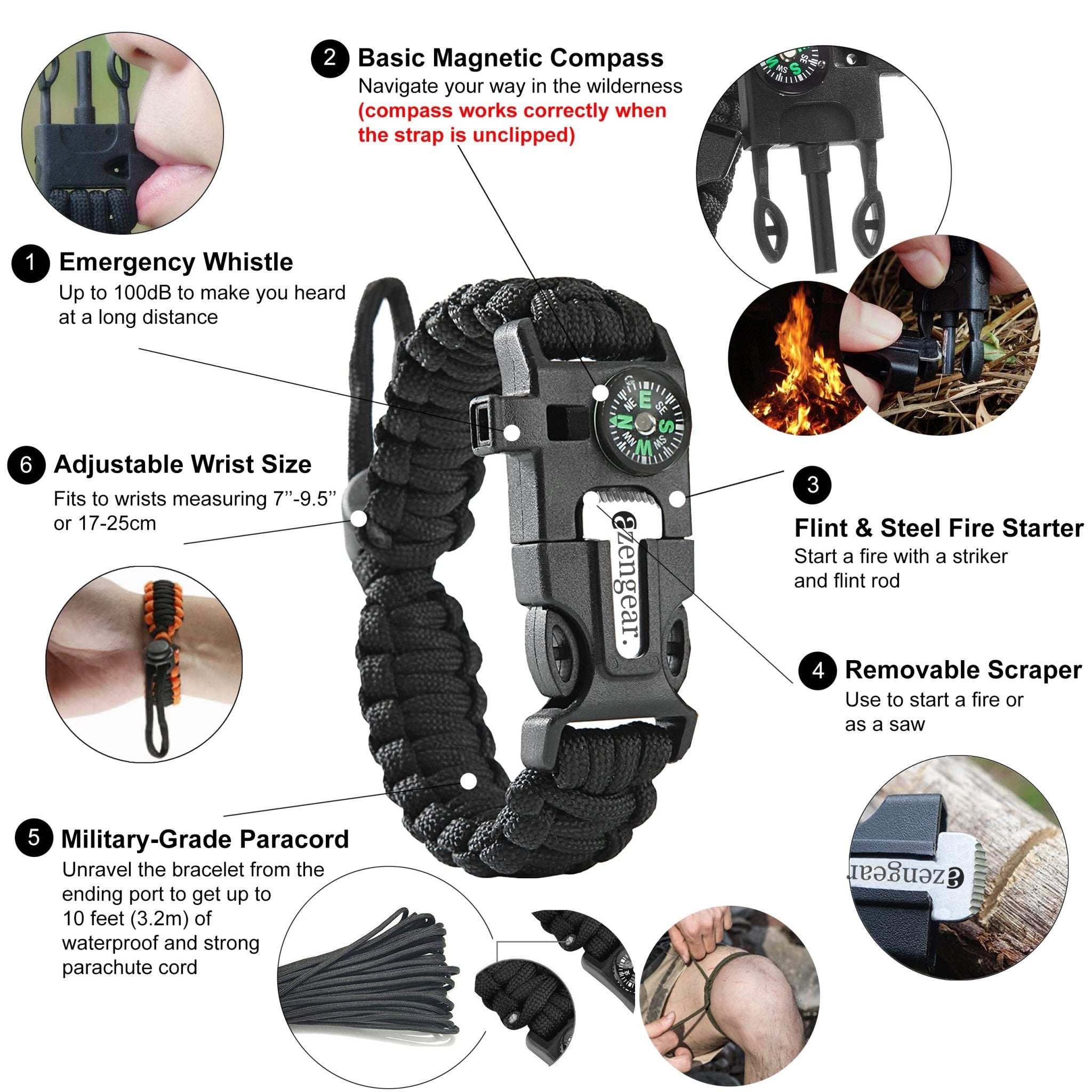 Paracord Survival Bracelet (2 Pack), Fire Starter, Whistle, Compass