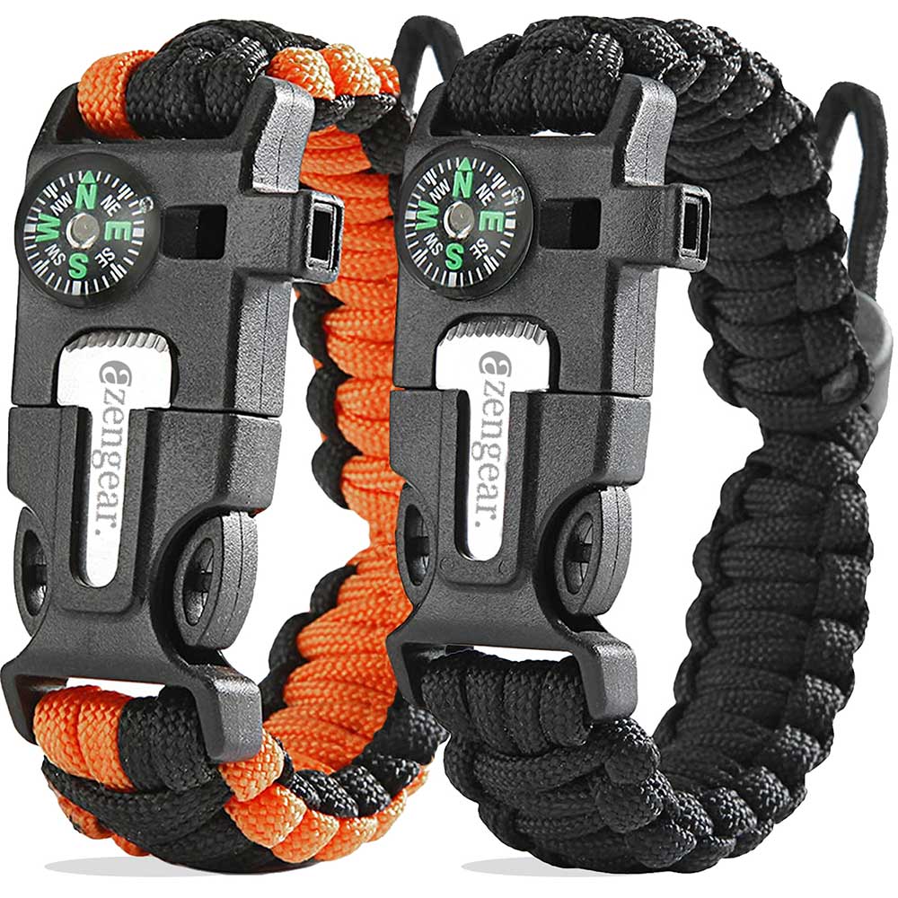 Paracord Survival Bracelet (2 Pack), Fire Starter, Whistle, Compass