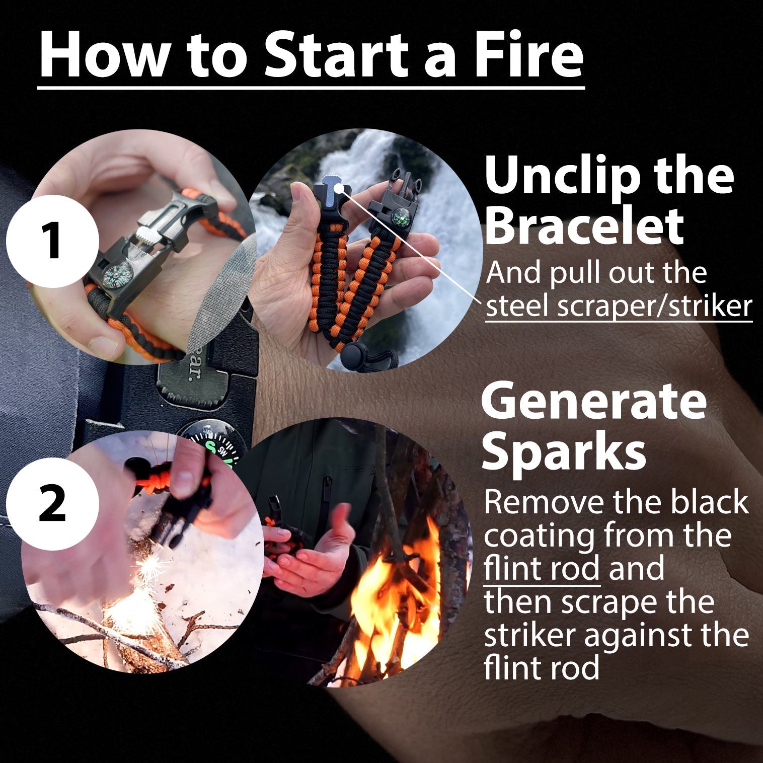 Paracord Survival Bracelet (2 Pack), Fire Starter, Whistle, Compass